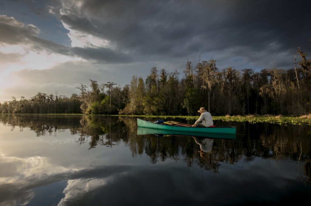 Man in a canoe in the Okefenokee Swamp